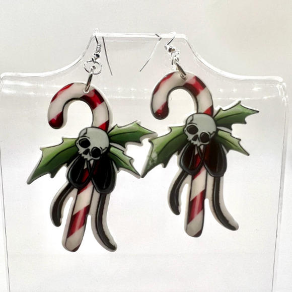 Handmade Jewelry - Skull Candy Cane Earrings - Christmas Earrings - Halloween Earrings - Goth Earri